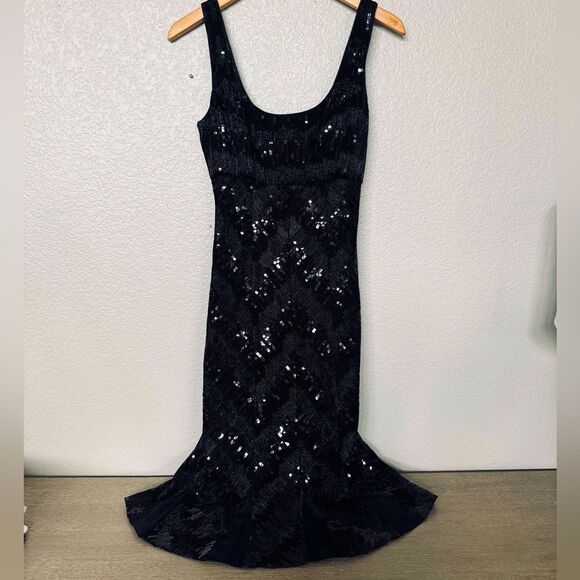 Diane von Furstenberg Black Sequin Mermaid Flared Silk Cocktail Gala Dress 4 - Picture 1 of 6